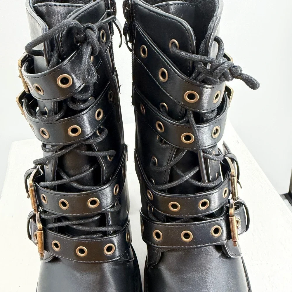 Womens Size 6 Black‎ Platform Boots Goth Punk Buckle Strap Chunky Heel